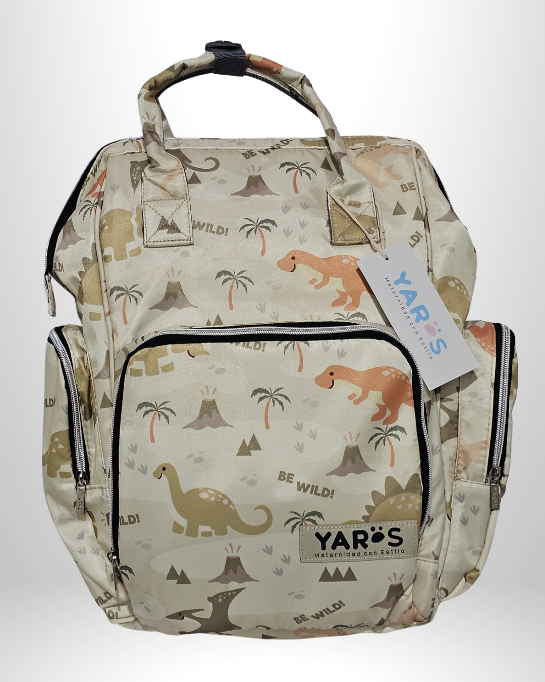 Pañalera Morral Maternal Premium YARÖS verde menta estampado de Dinosaurios