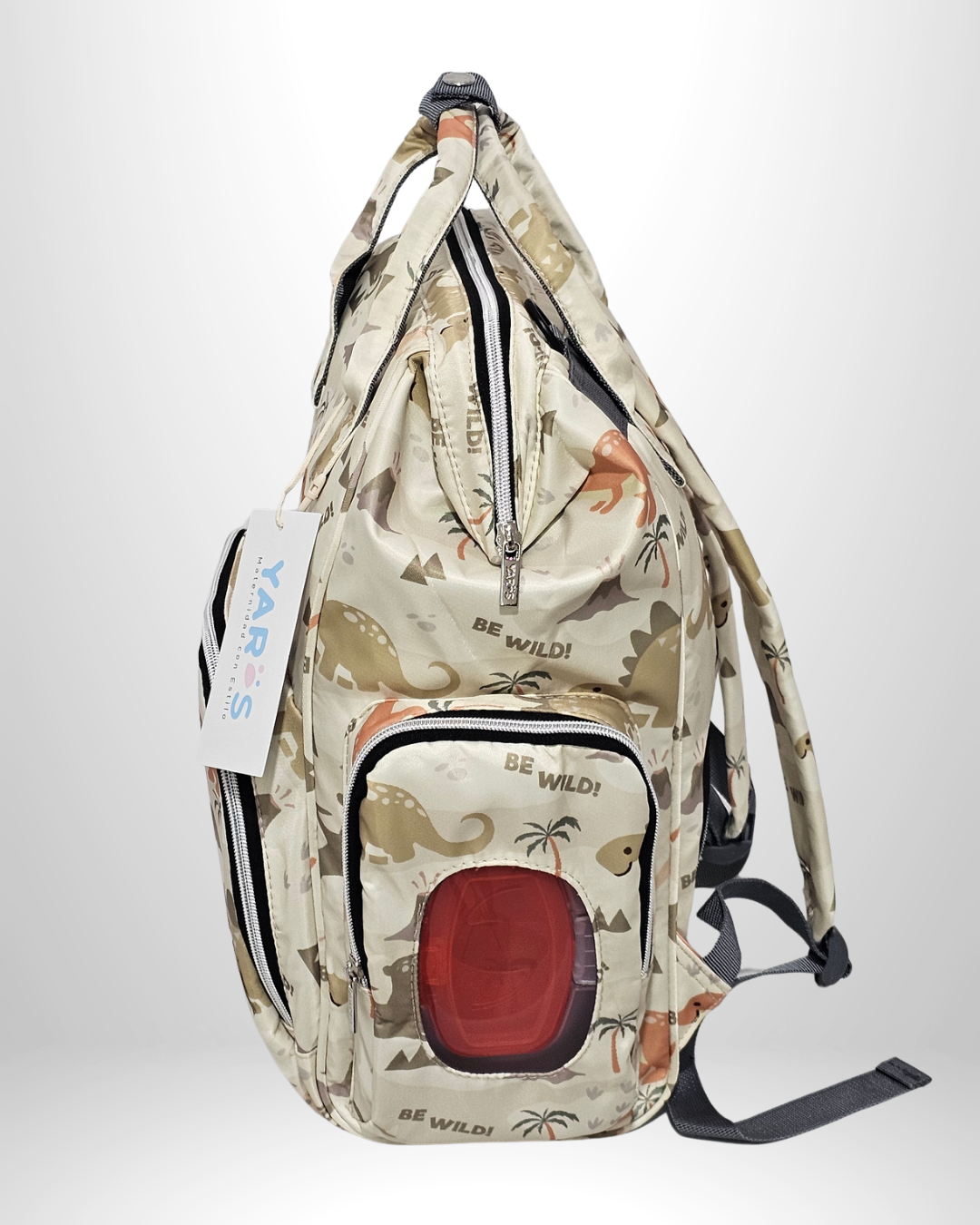 Pañalera Morral Maternal Premium YARÖS verde menta estampado de Dinosaurios