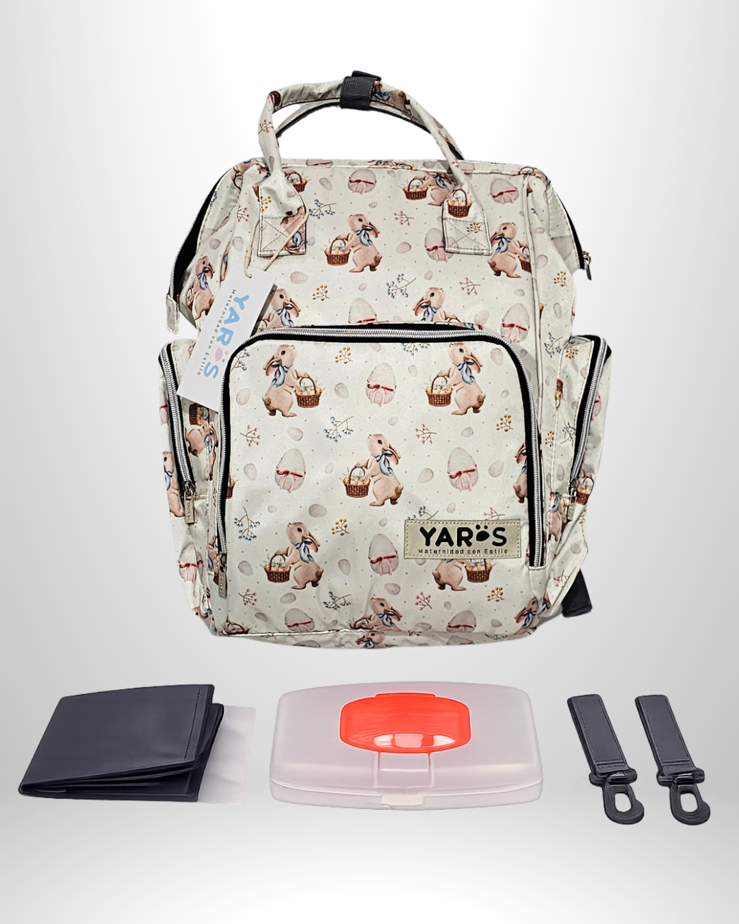 Pañalera Morral Maternal Premium YARÖS Blanco Estampado de Conejo