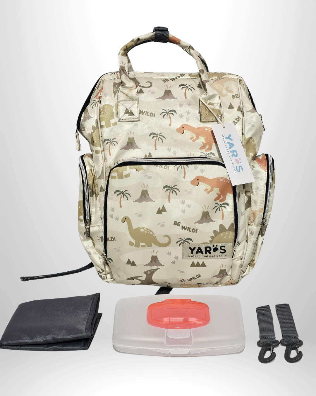Pañalera Morral Maternal Premium YARÖS verde menta estampado de Dinosaurios