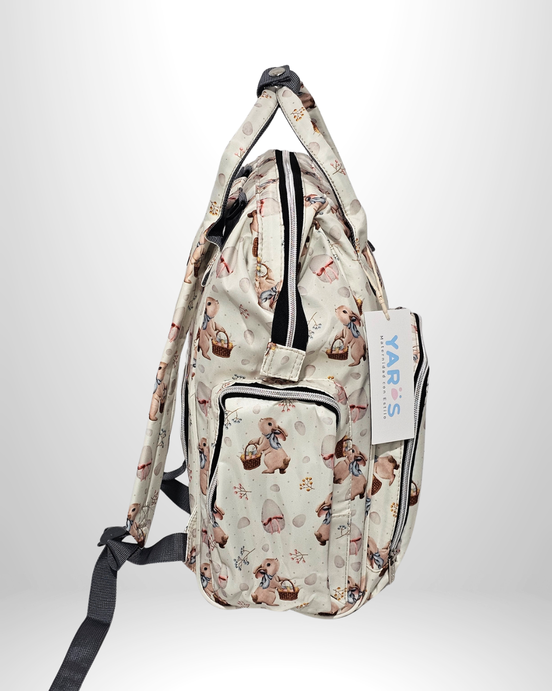 Pañalera Morral Maternal Premium YARÖS Blanco Estampado de Conejo